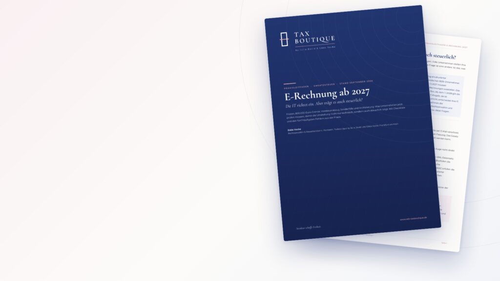 Praxisleitfaden E-Rechnung ab 2027 von Taxboutique, Titelseite und Innenseite des PDF-Leitfadens