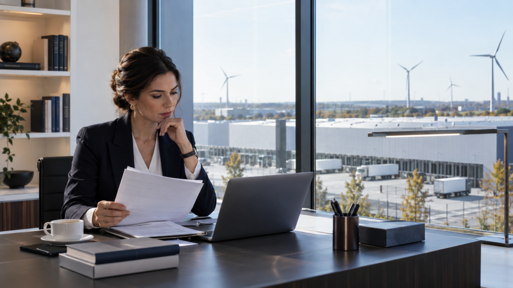 Steuerberaterin prüft Unterlagen im Büro mit Blick auf ein Logistikzentrum und einen Windpark, Symbolbild zur festen Niederlassung im Umsatzsteuerrecht