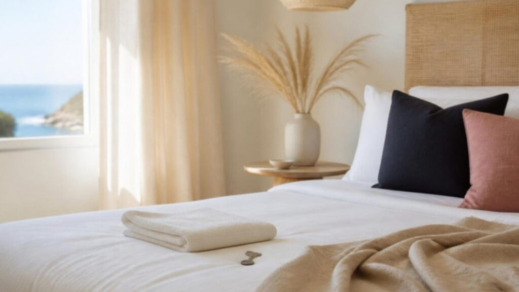 Helles Ferienapartment mit frisch bezogenem Bett am sonnigen Fenster als Symbolbild für die kurzfristige Vermietung über Airbnb