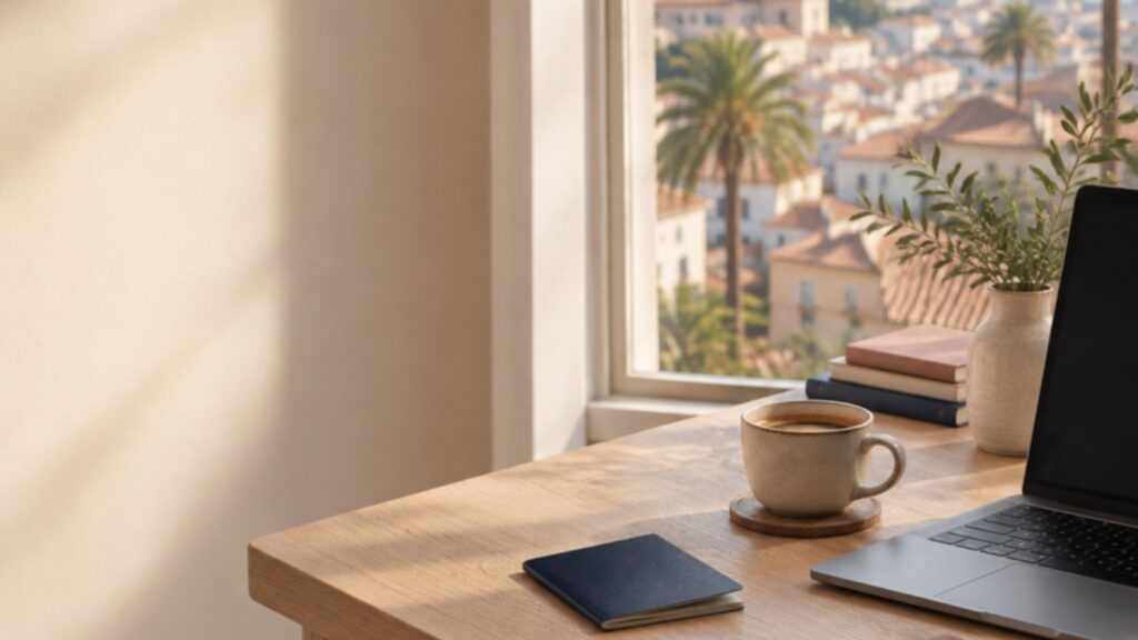 Schreibtisch mit Laptop und Kaffeetasse am Fenster mit Blick ueber eine suedeuropaeische Stadt